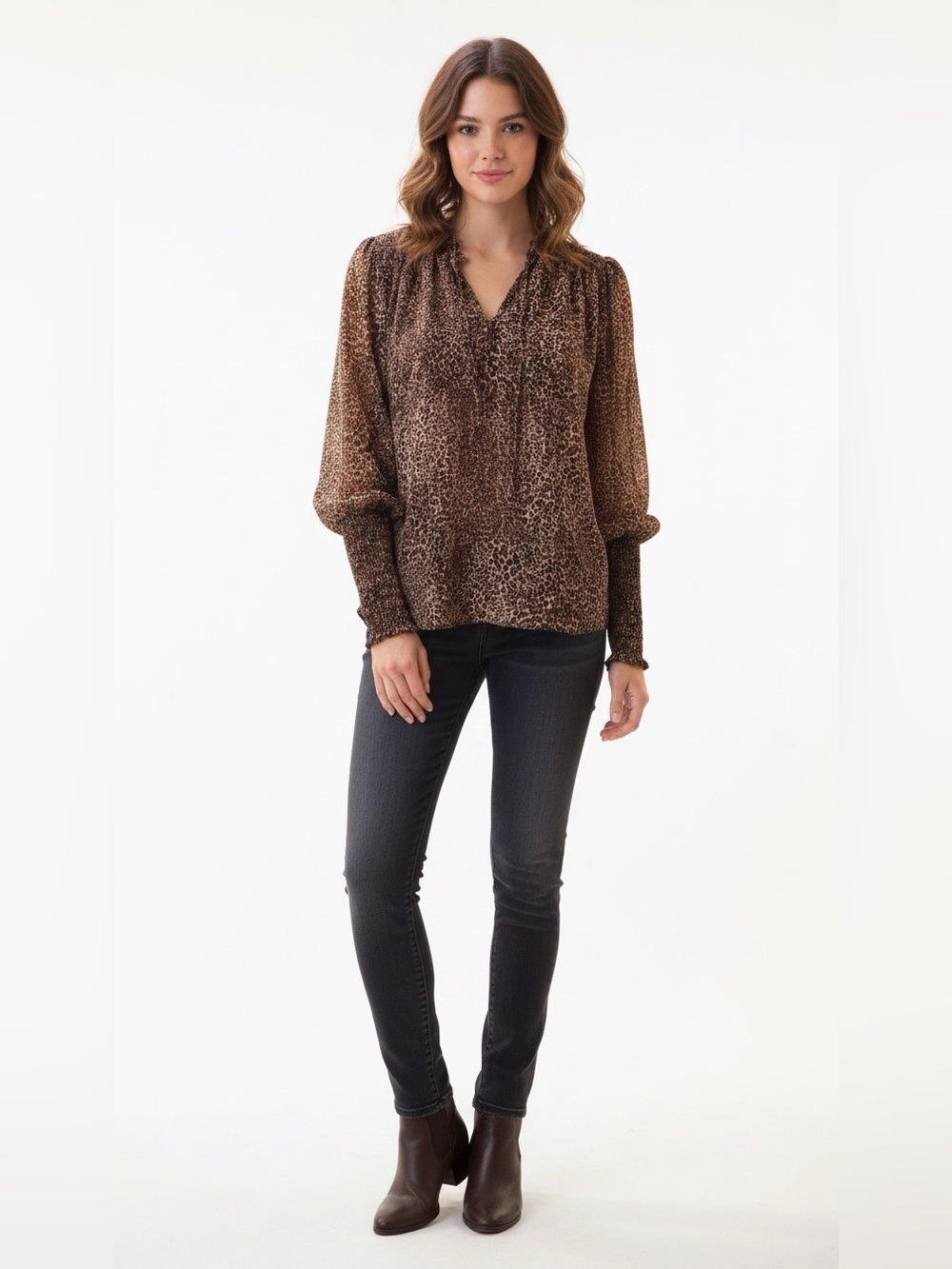 1.State Smocked Cuff Animal Print Top Medium